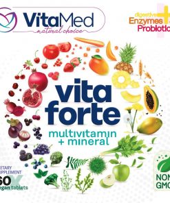 Vita Forte label face - Image of fruits and vegetables and algae - Non-GMO - Digestive Enzymes & Probiotics - 60 vegan tablets