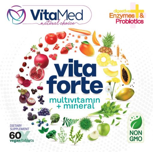 Vita Forte label face - Image of fruits and vegetables and algae - Non-GMO - Digestive Enzymes & Probiotics - 60 vegan tablets